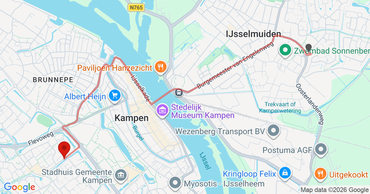 Kaart van het incident in Kampen met berekende routes vanaf gealarmeerde posten