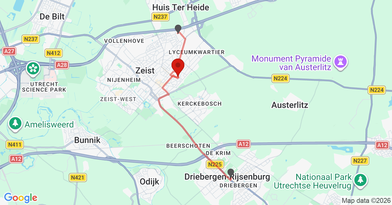 Kaart van het incident in Zeist met berekende routes vanaf gealarmeerde posten