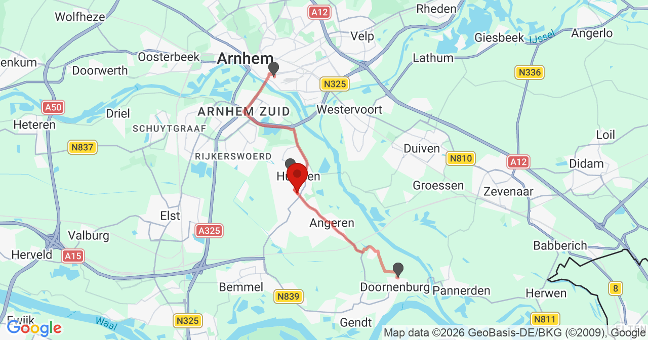 Kaart van het incident in Huissen met berekende routes vanaf gealarmeerde posten