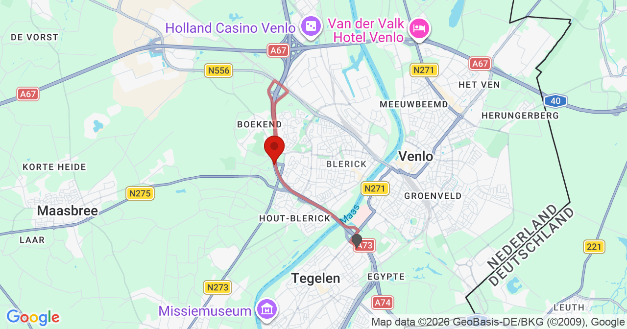 Kaart van het incident in Venlo met berekende routes vanaf gealarmeerde posten