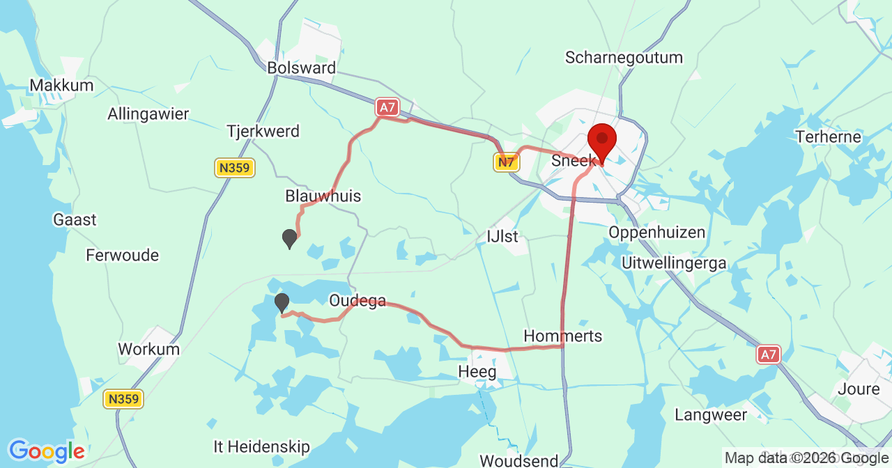 Kaart van het incident in Sneek met de aanrijroutes van de gealarmeerde eenheden