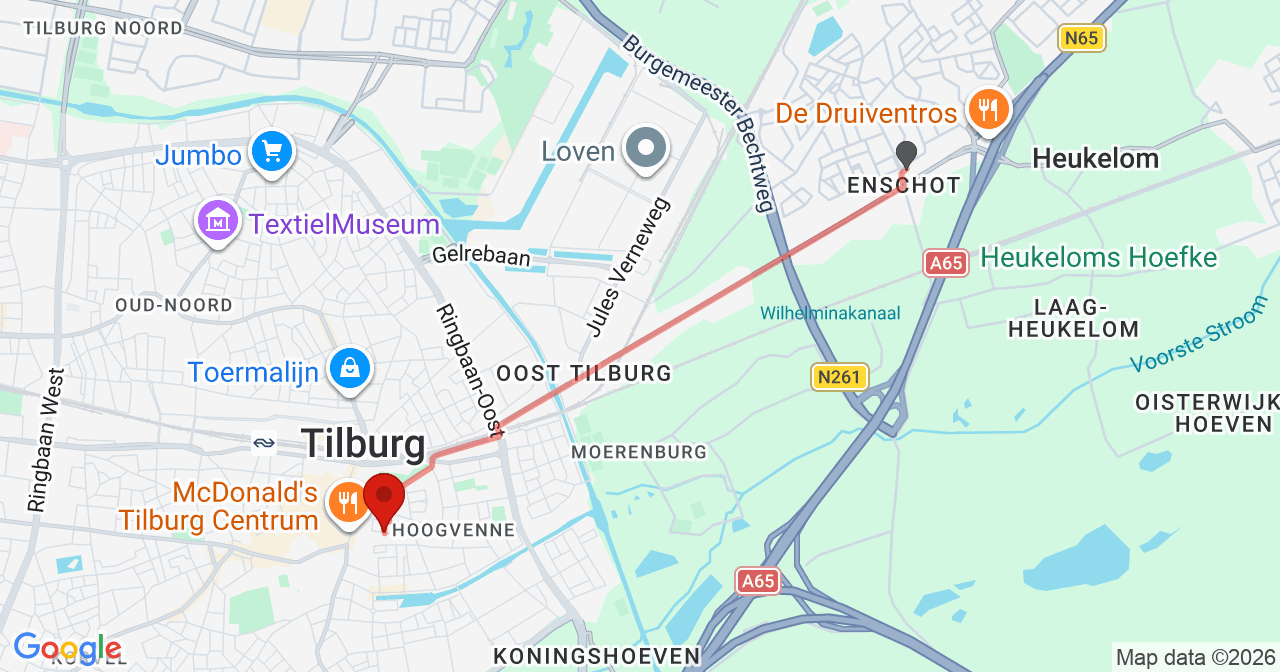Kaart van het incident in Tilburg met berekende routes vanaf gealarmeerde posten