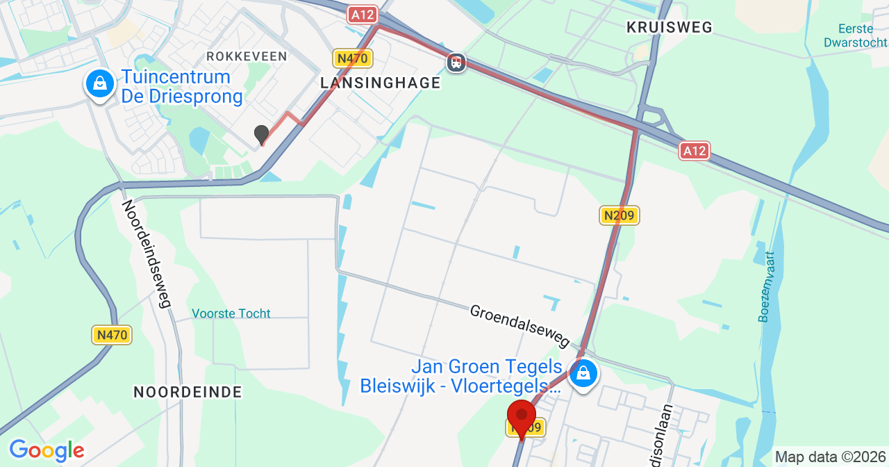 Kaart van het incident in Bleiswijk met de aanrijroutes van de gealarmeerde eenheden