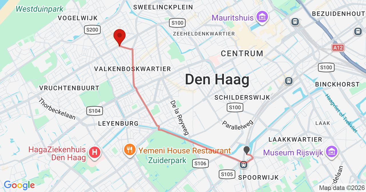 Kaart van het incident in 's-Gravenhage met de aanrijroutes van de gealarmeerde eenheden