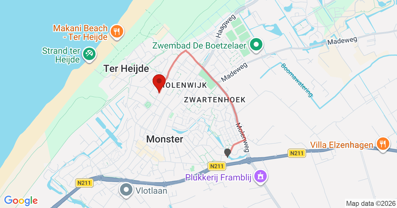 Kaart van het incident in Monster met berekende routes vanaf gealarmeerde posten