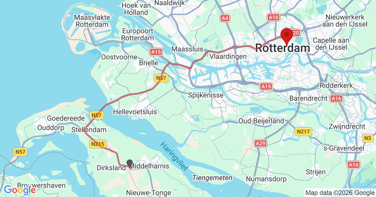 Kaart van het incident in Rotterdam met de aanrijroutes van de gealarmeerde eenheden