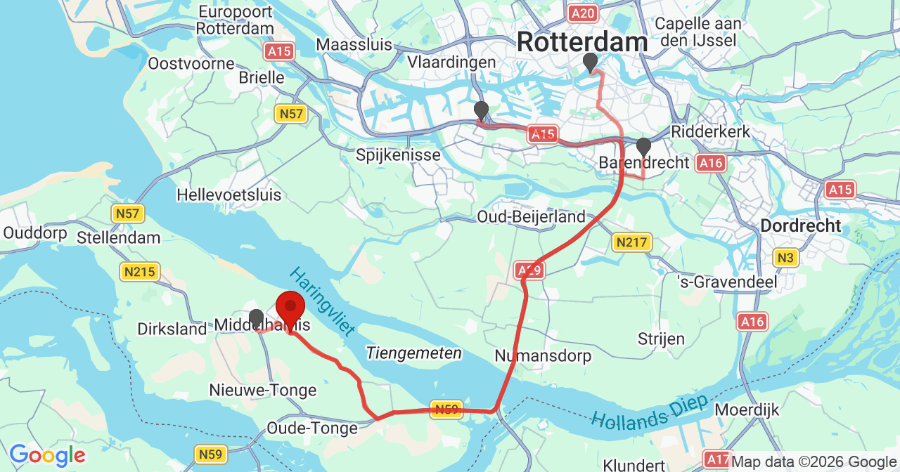 Kaart van het incident in Middelharnis met de aanrijroutes van de gealarmeerde eenheden