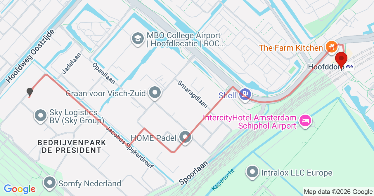 Kaart van het incident in Hoofddorp met de aanrijroutes van de gealarmeerde eenheden