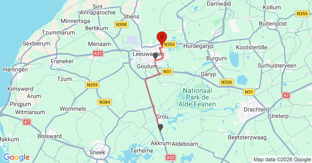Kaart van het incident in Leeuwarden met de aanrijroutes van de gealarmeerde eenheden