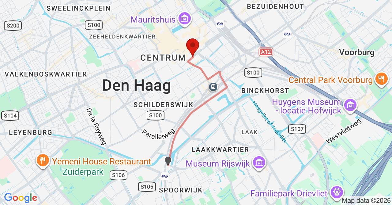 Kaart van het incident in 's-Gravenhage met de aanrijroutes van de gealarmeerde eenheden