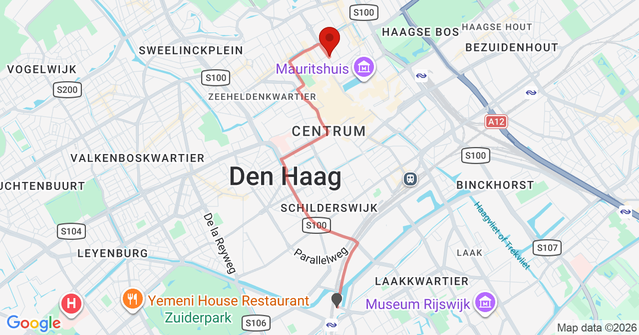 Kaart van het incident in 's-Gravenhage met de aanrijroutes van de gealarmeerde eenheden