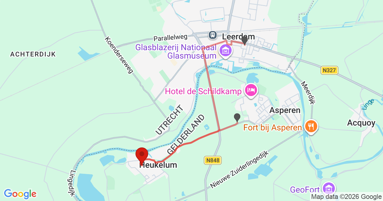Kaart van het incident in Heukelum met berekende routes vanaf gealarmeerde posten