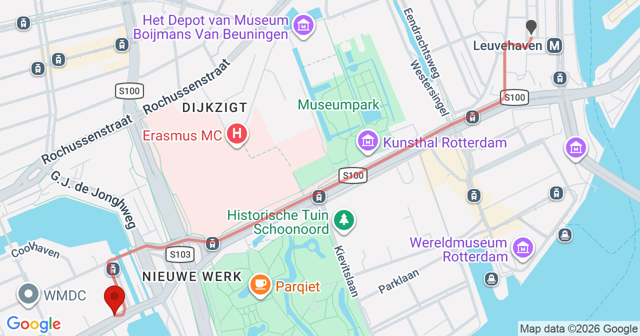 Kaart van het incident in Rotterdam met de aanrijroutes van de gealarmeerde eenheden