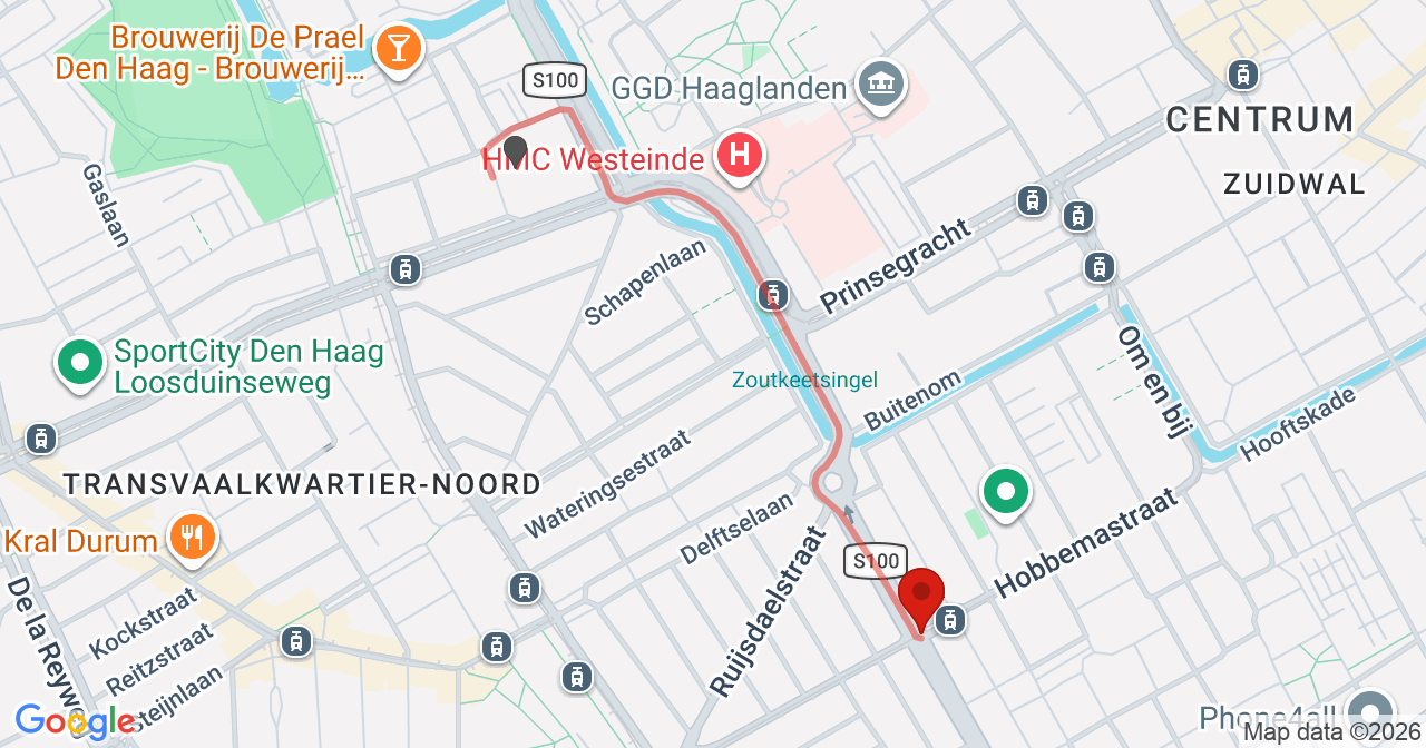 Kaart van het incident in 's-Gravenhage met de aanrijroutes van de gealarmeerde eenheden