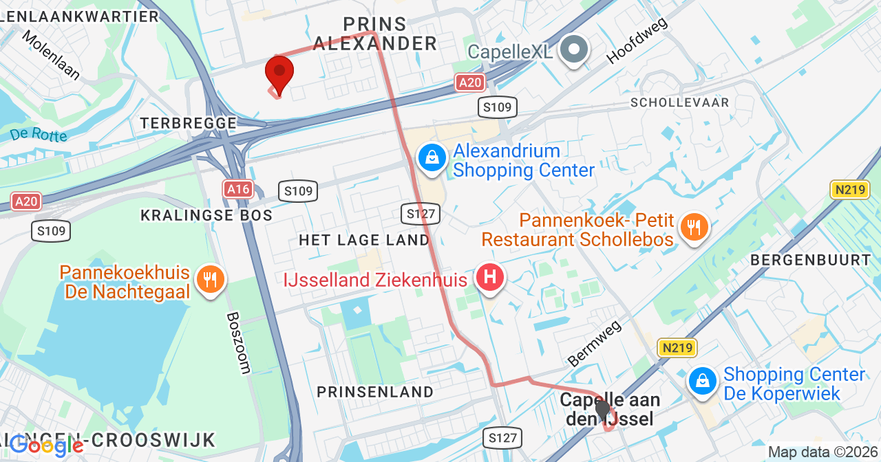 Kaart van het incident in Rotterdam met de aanrijroutes van de gealarmeerde eenheden