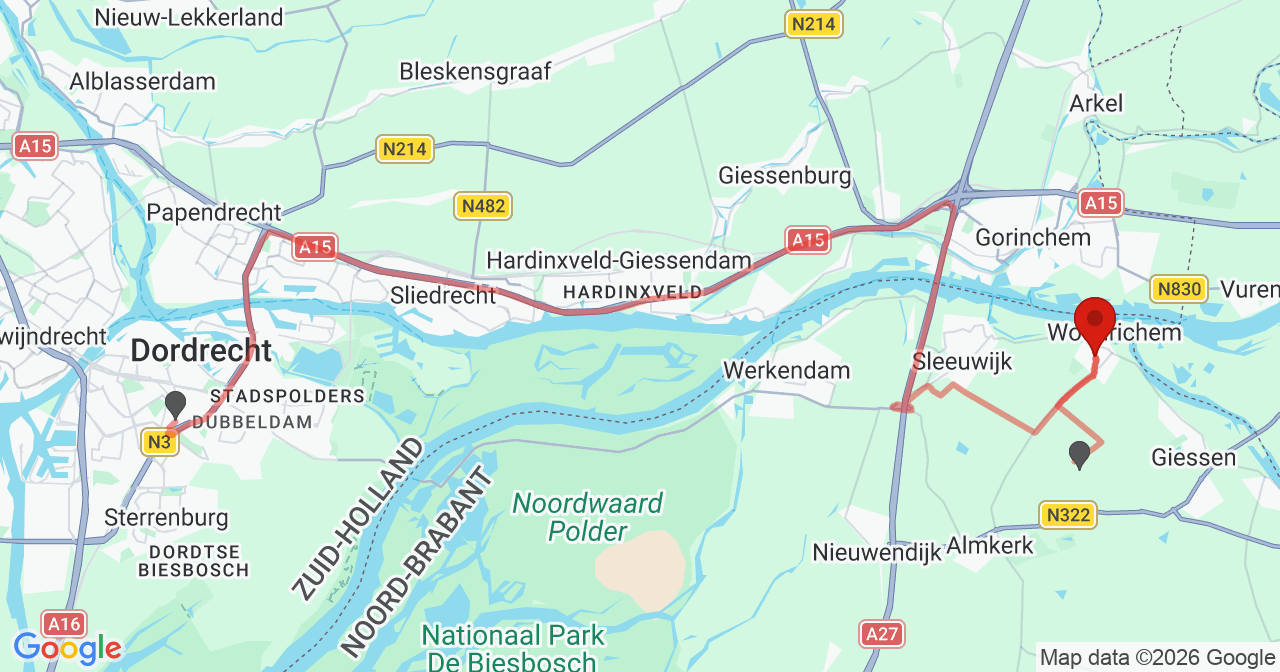 Kaart van het incident in Woudrichem met de aanrijroutes van de gealarmeerde eenheden