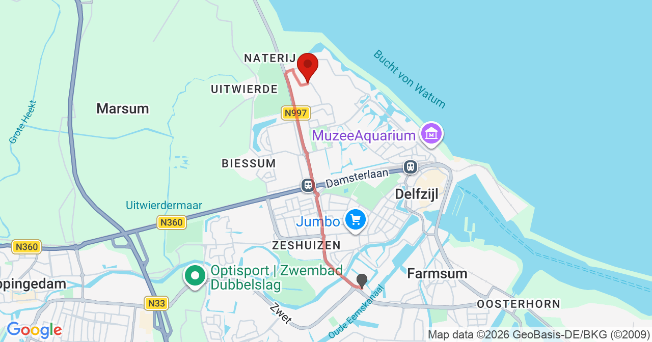 Kaart van het incident in Delfzijl met de aanrijroutes van de gealarmeerde eenheden