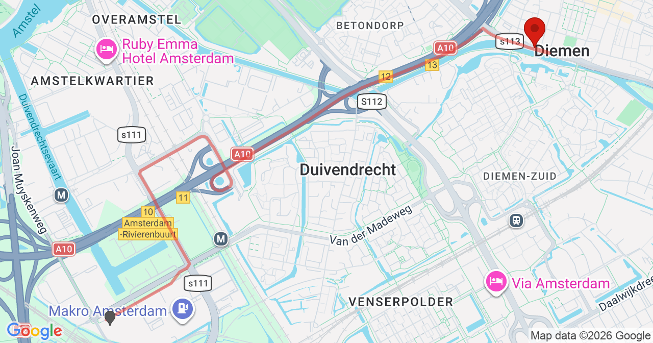 Kaart van het incident in Diemen met de aanrijroutes van de gealarmeerde eenheden