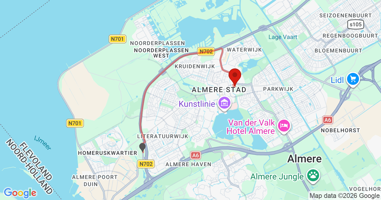 Kaart van het incident in Almere met de aanrijroutes van de gealarmeerde eenheden