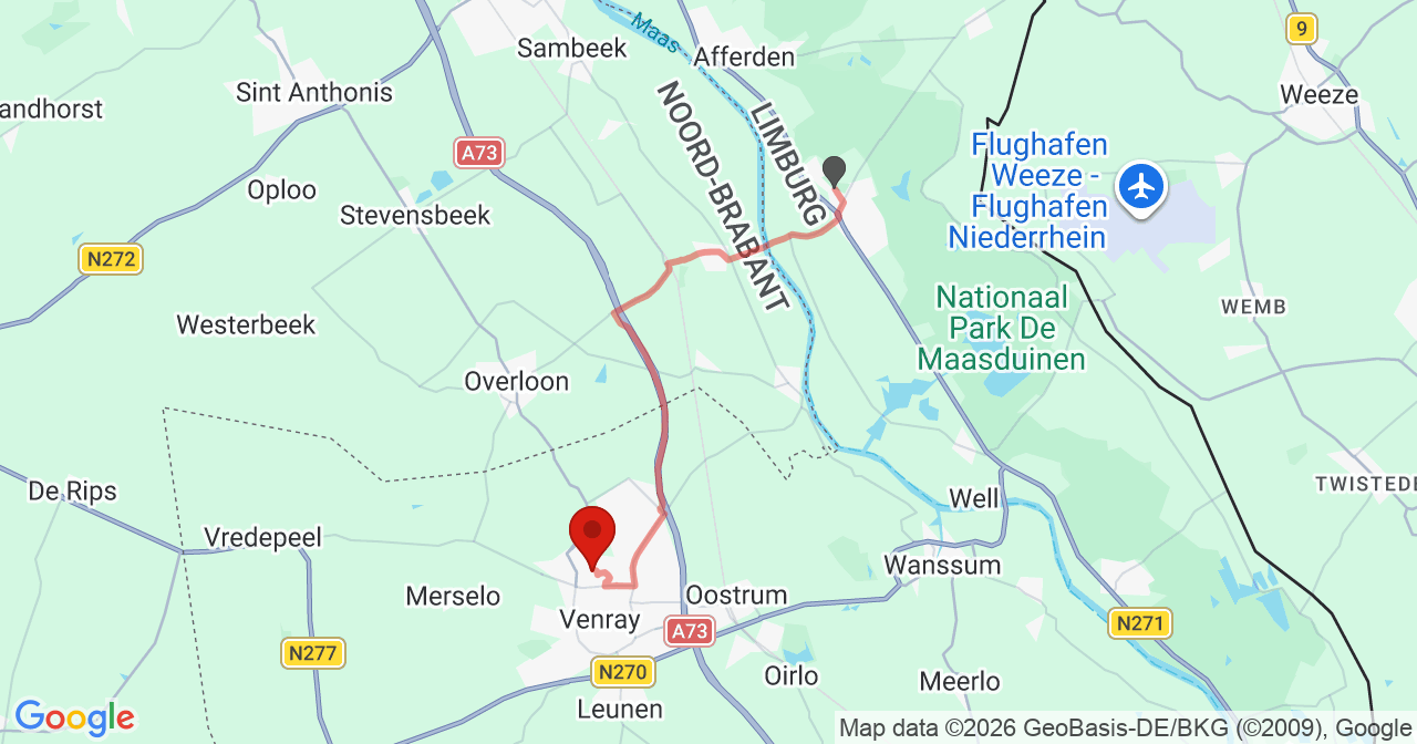 Kaart van het incident in Venray met de aanrijroutes van de gealarmeerde eenheden