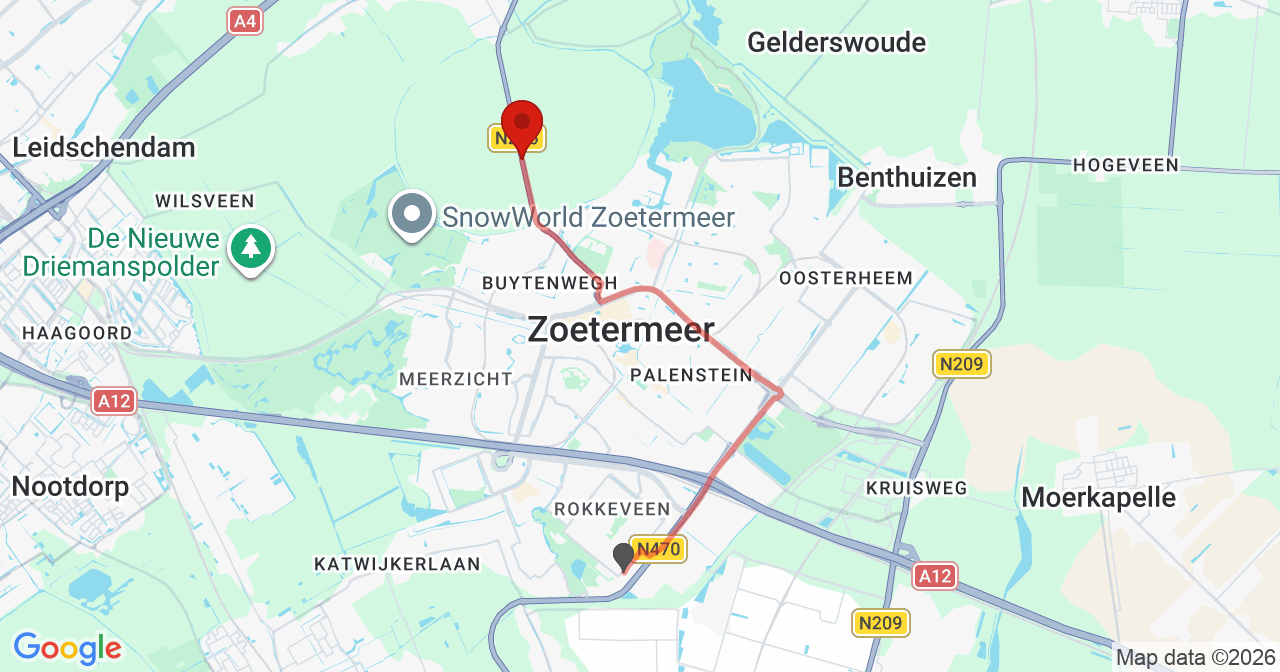 Kaart van het incident in Zoetermeer met de aanrijroutes van de gealarmeerde eenheden