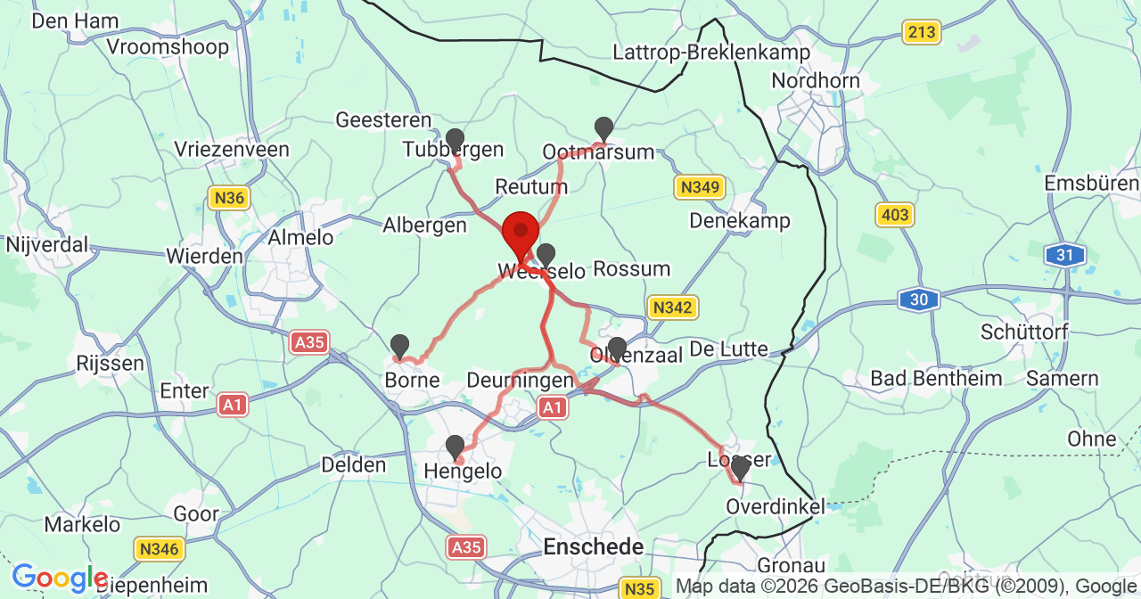 Kaart van het incident in Weerselo met de aanrijroutes van de gealarmeerde eenheden