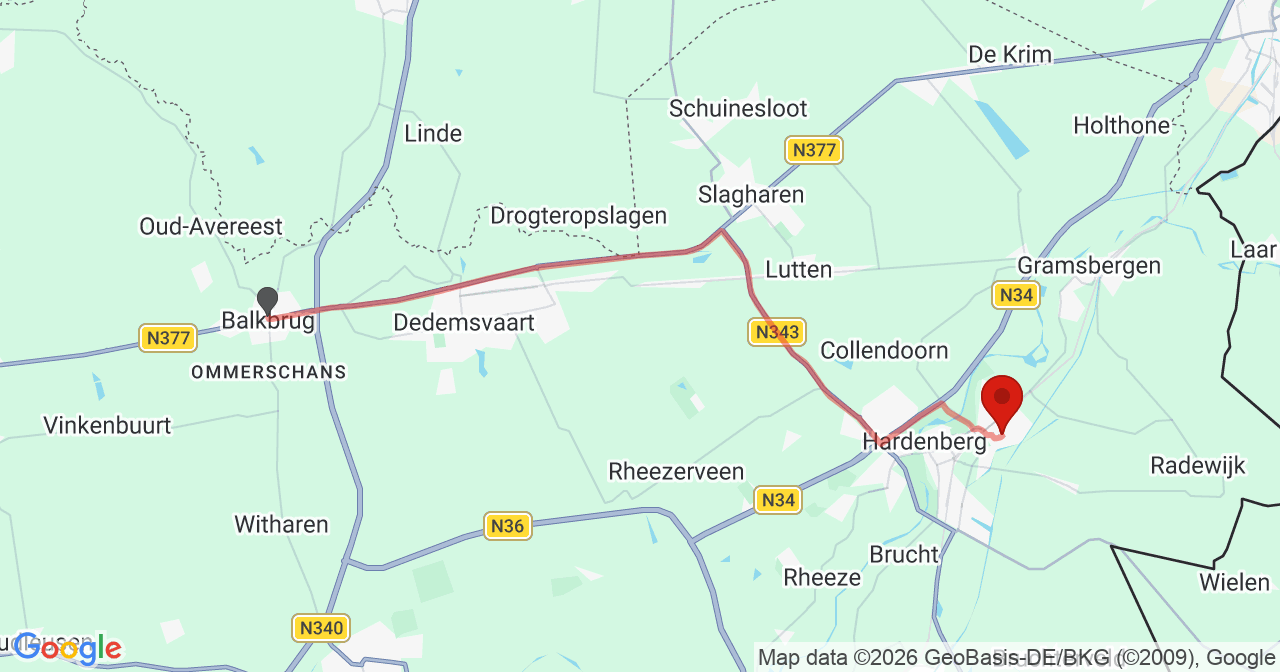 Kaart van het incident in Hardenberg met berekende routes vanaf gealarmeerde posten