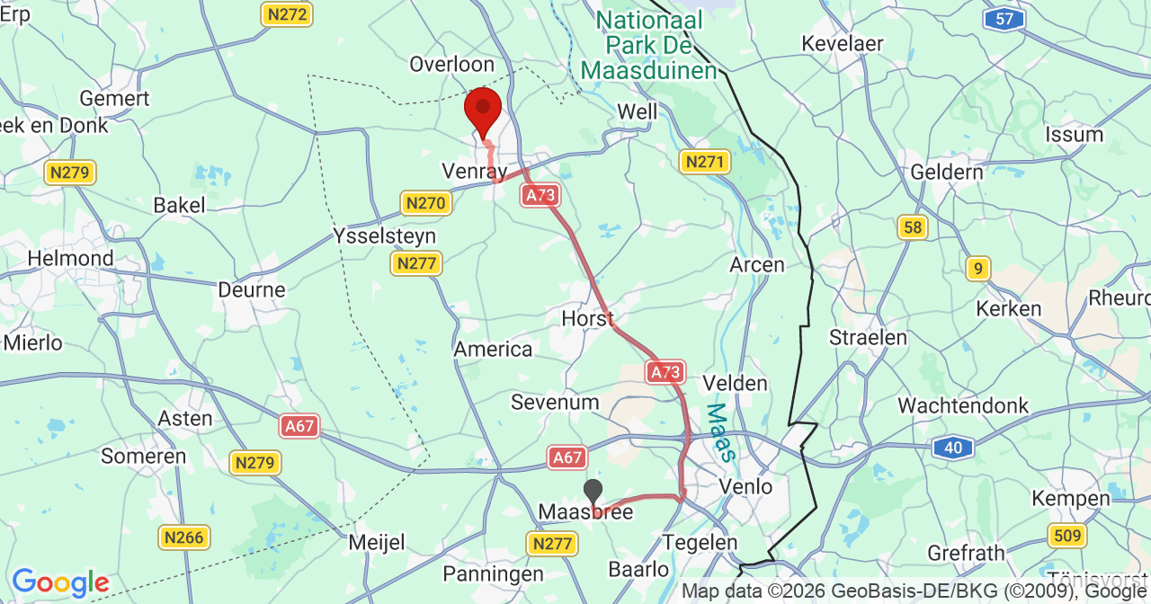 Kaart van het incident in Venray met de aanrijroutes van de gealarmeerde eenheden