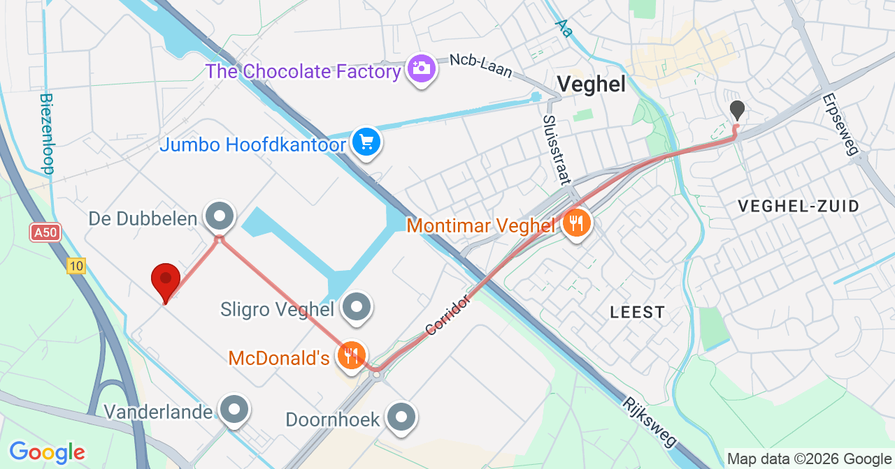 Kaart van het incident in Veghel met de aanrijroutes van de gealarmeerde eenheden