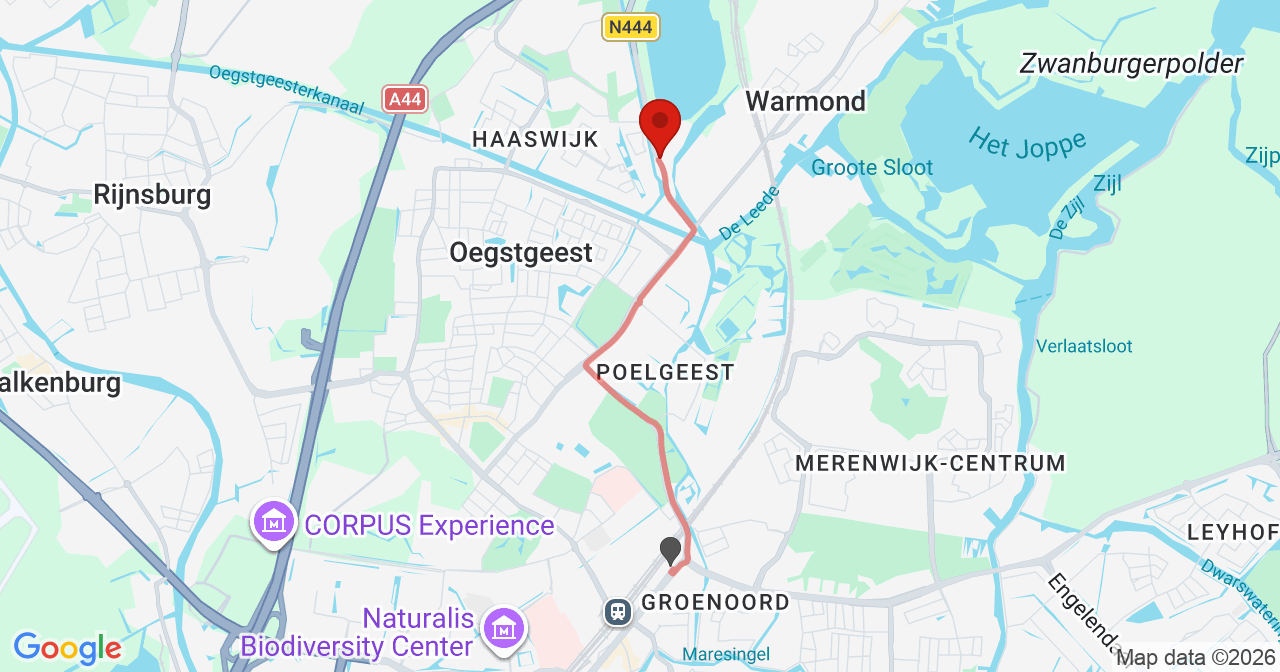 Kaart van het incident in Oegstgeest met de aanrijroutes van de gealarmeerde eenheden