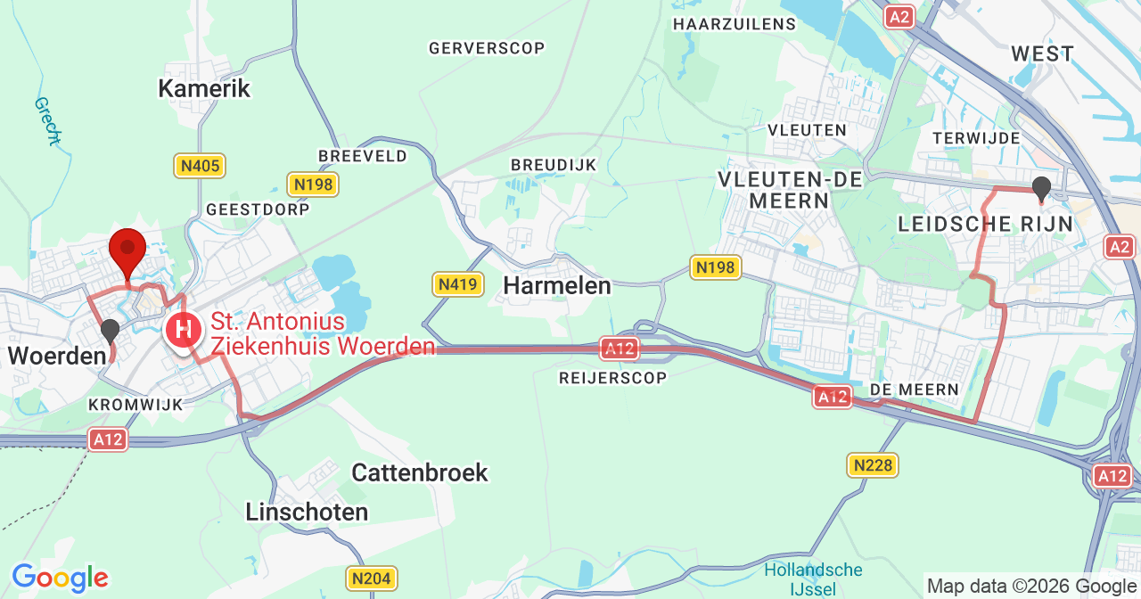 Kaart van het incident in Woerden met de aanrijroutes van de gealarmeerde eenheden