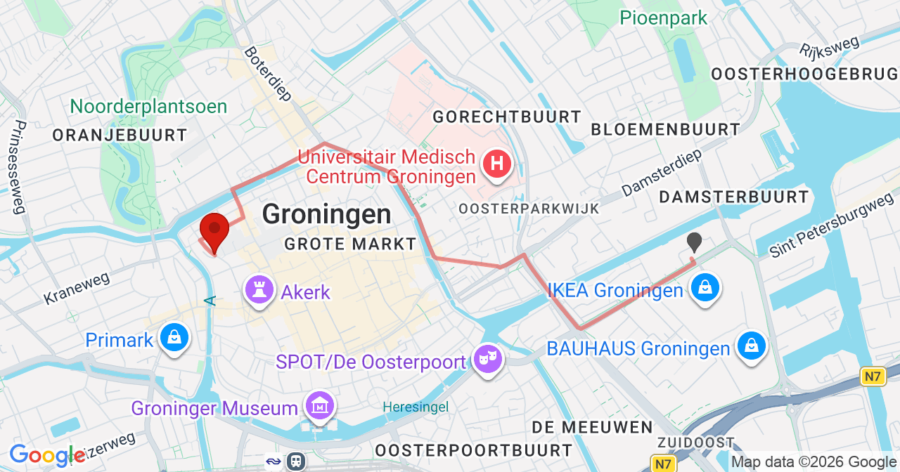 Kaart van het incident in Groningen met de aanrijroutes van de gealarmeerde eenheden