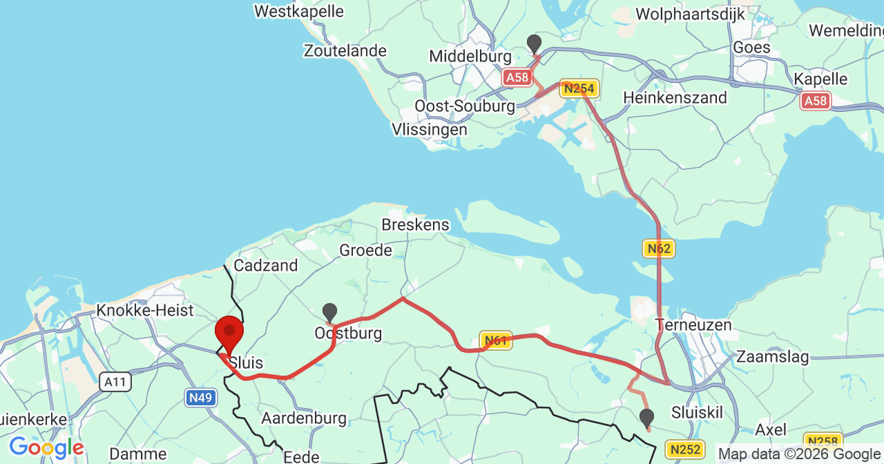 Kaart van het incident in Sluis met de aanrijroutes van de gealarmeerde eenheden