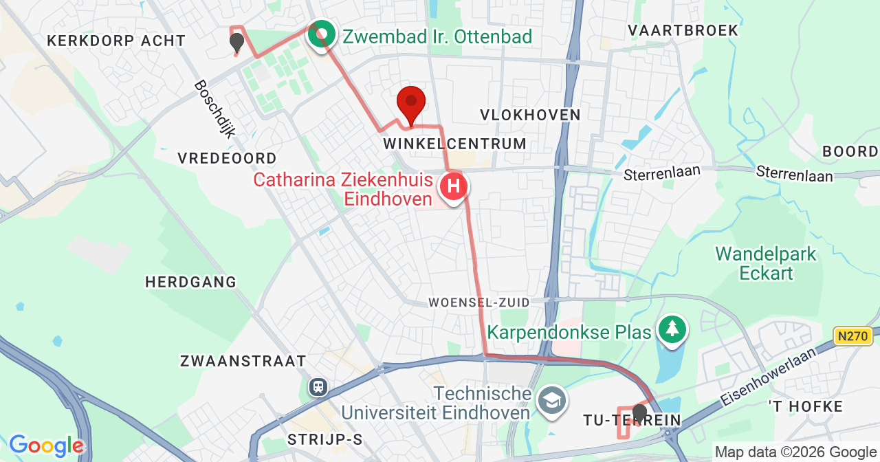 Kaart van het incident in Eindhoven met de aanrijroutes van de gealarmeerde eenheden