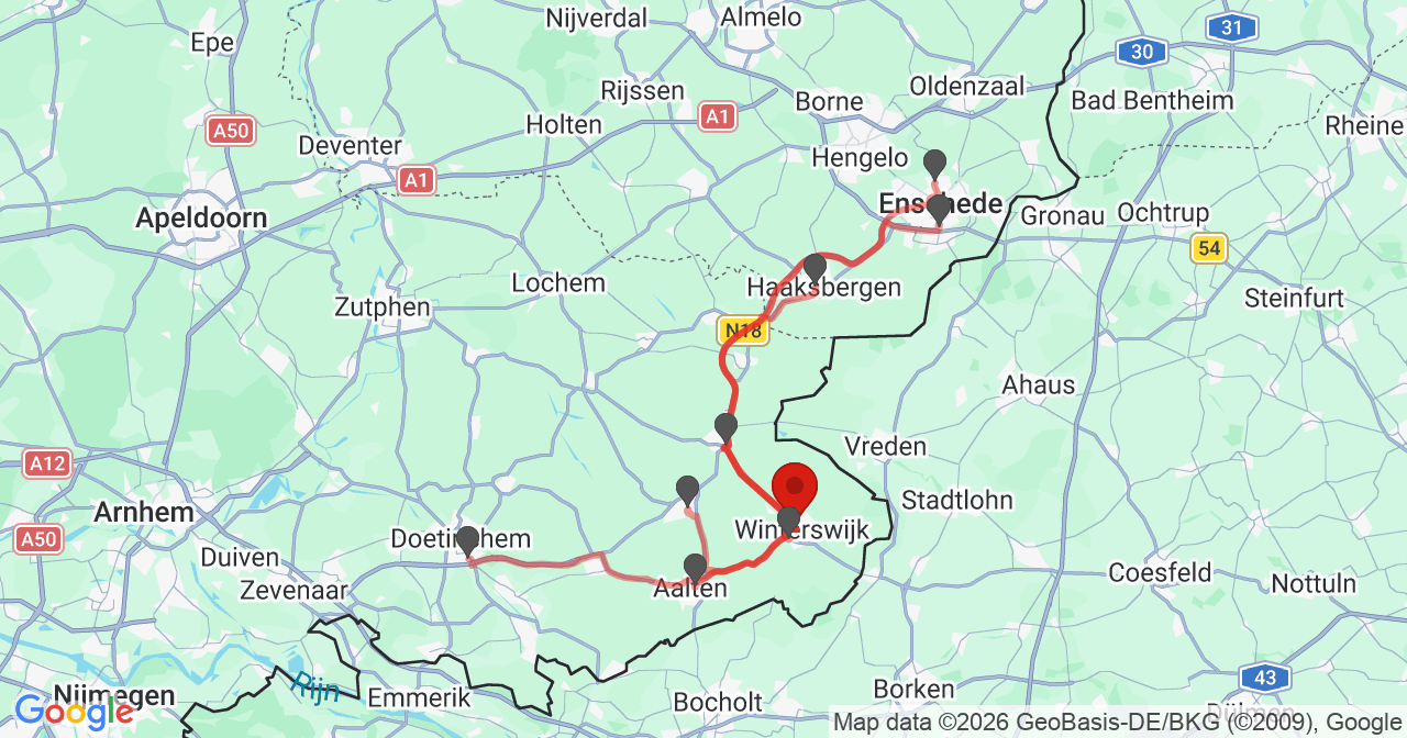 Kaart van het incident in Winterswijk met de aanrijroutes van de gealarmeerde eenheden
