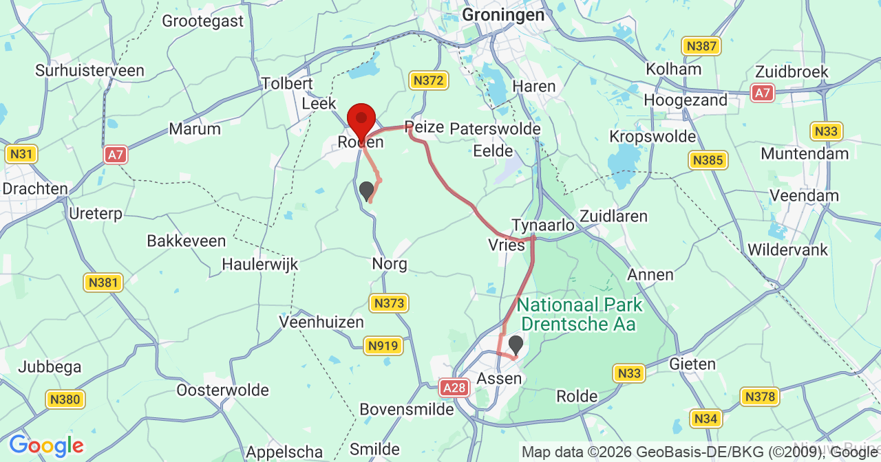 Kaart van het incident in Roden met de aanrijroutes van de gealarmeerde eenheden