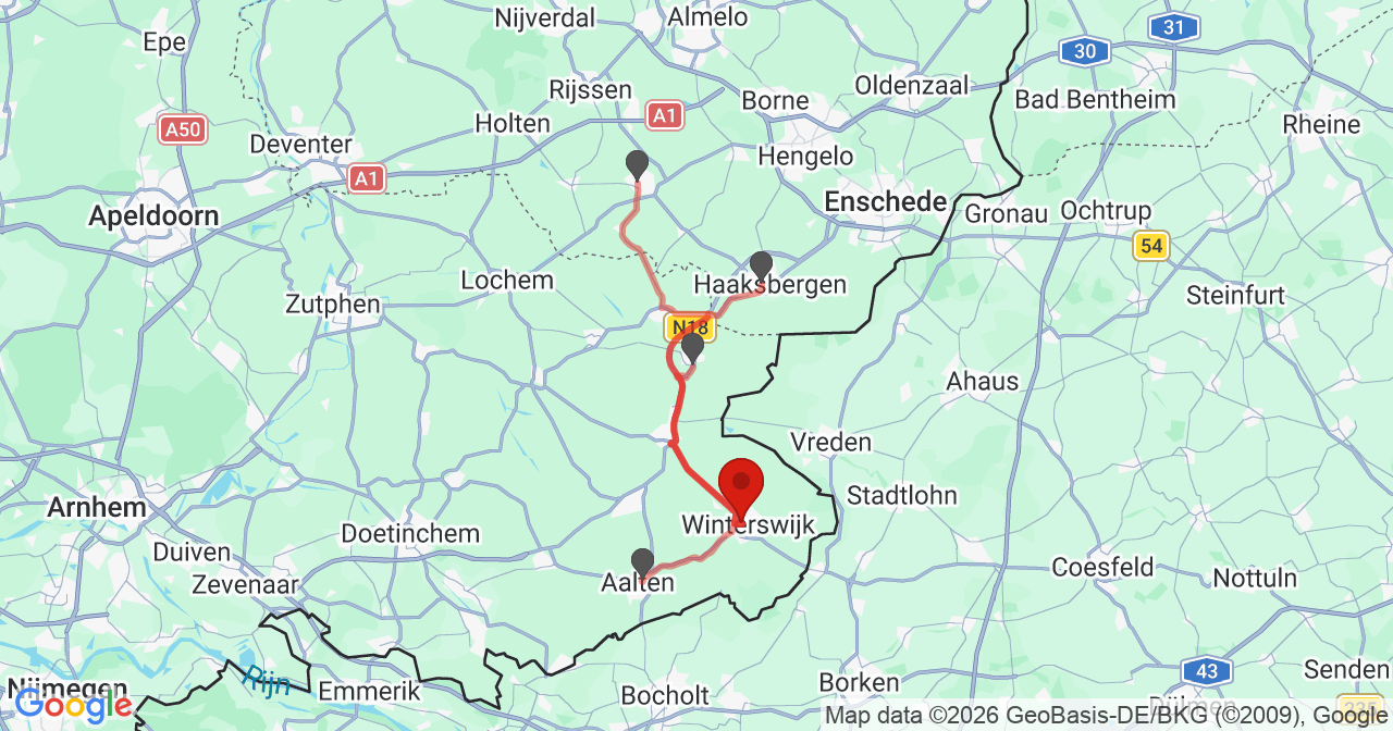 Kaart van het incident in Winterswijk met de aanrijroutes van de gealarmeerde eenheden