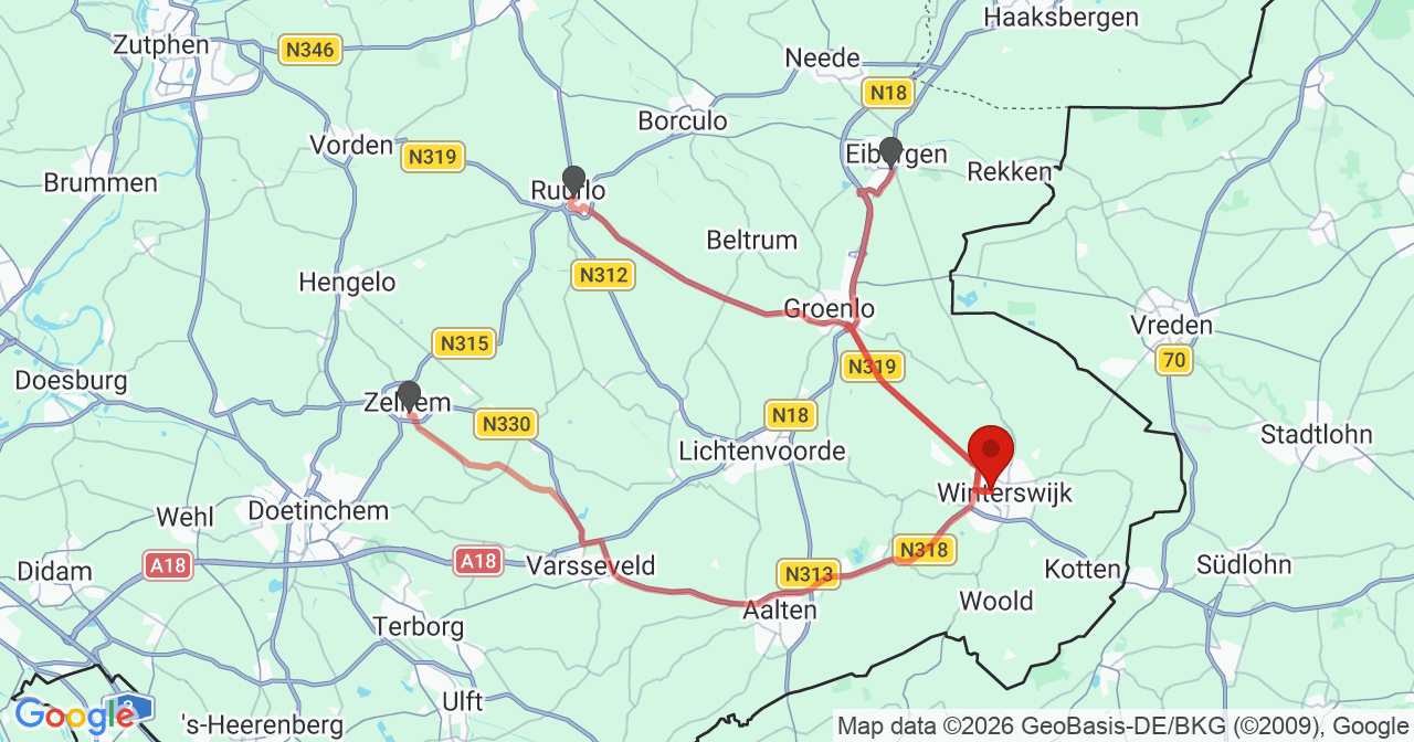 Kaart van het incident in Winterswijk met de aanrijroutes van de gealarmeerde eenheden