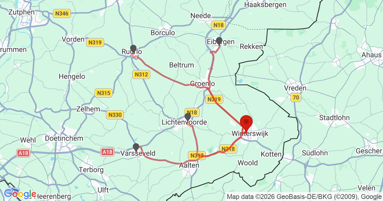 Kaart van het incident in Winterswijk met de aanrijroutes van de gealarmeerde eenheden