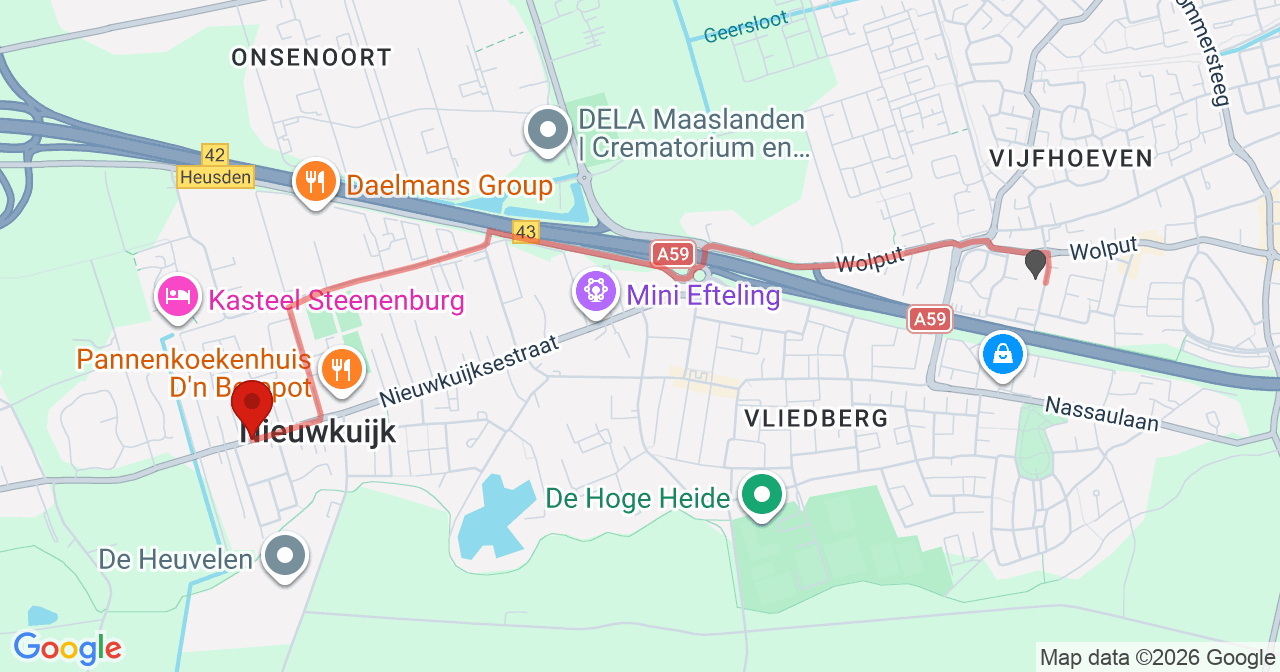 Kaart van het incident in Nieuwkuijk met de aanrijroutes van de gealarmeerde eenheden