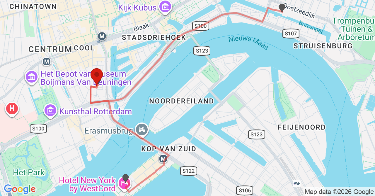 Kaart van het incident in Rotterdam met berekende routes vanaf gealarmeerde posten