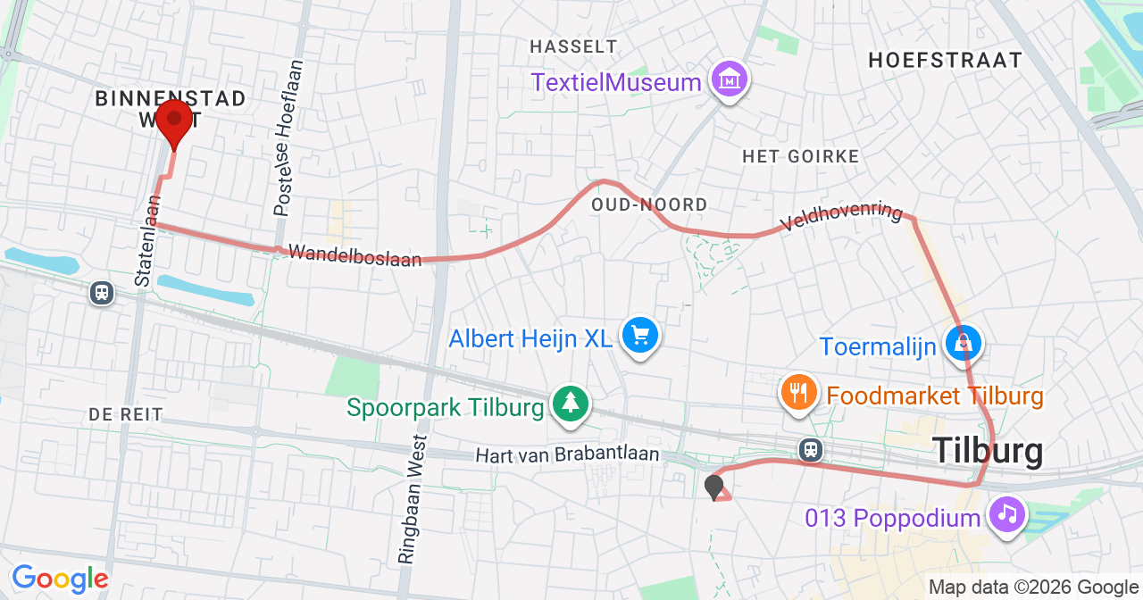 Kaart van het incident in Tilburg met de aanrijroutes van de gealarmeerde eenheden