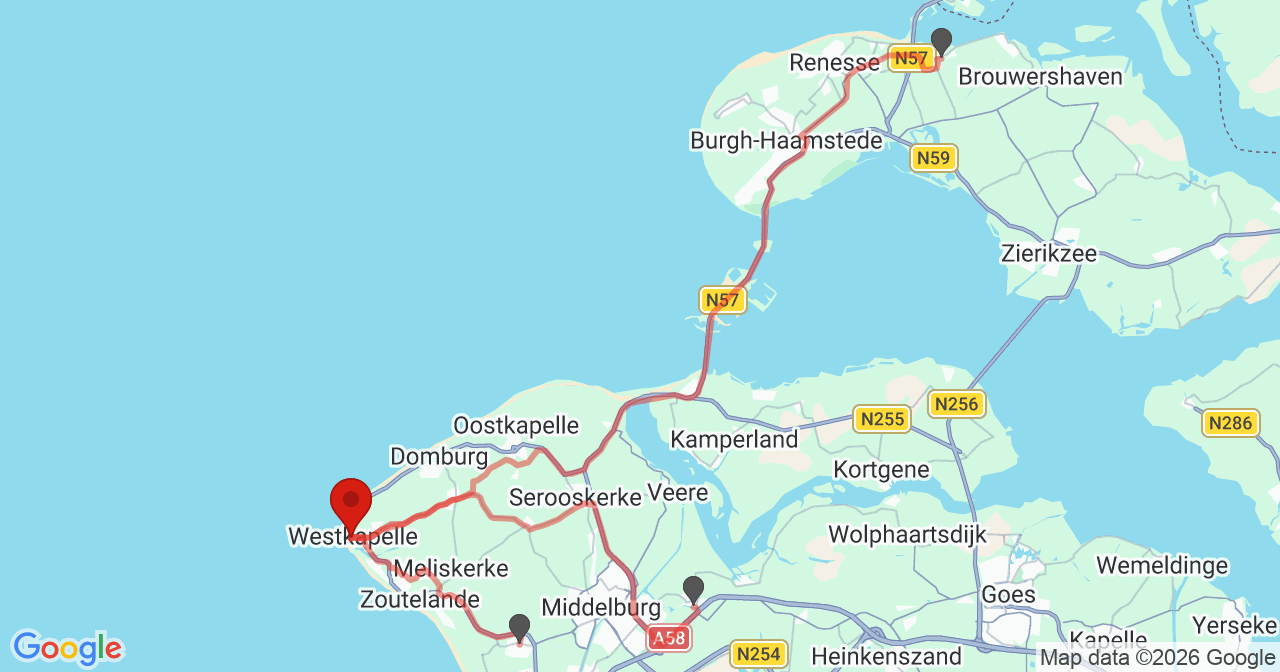Kaart van het incident in Westkapelle met de aanrijroutes van de gealarmeerde eenheden