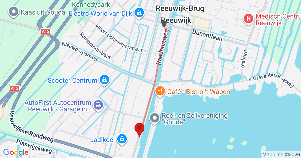 Kaart van het incident in Reeuwijk met de aanrijroutes van de gealarmeerde eenheden