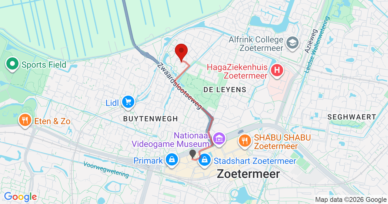 Kaart van het incident in Zoetermeer met berekende routes vanaf gealarmeerde posten