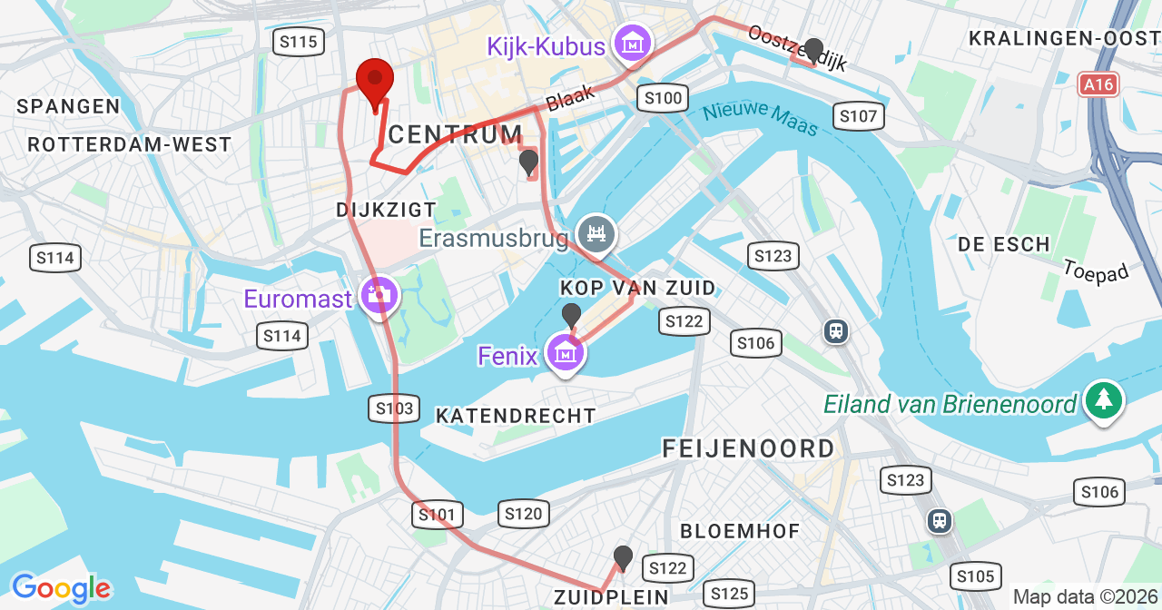 Kaart van het incident in Rotterdam met de aanrijroutes van de gealarmeerde eenheden