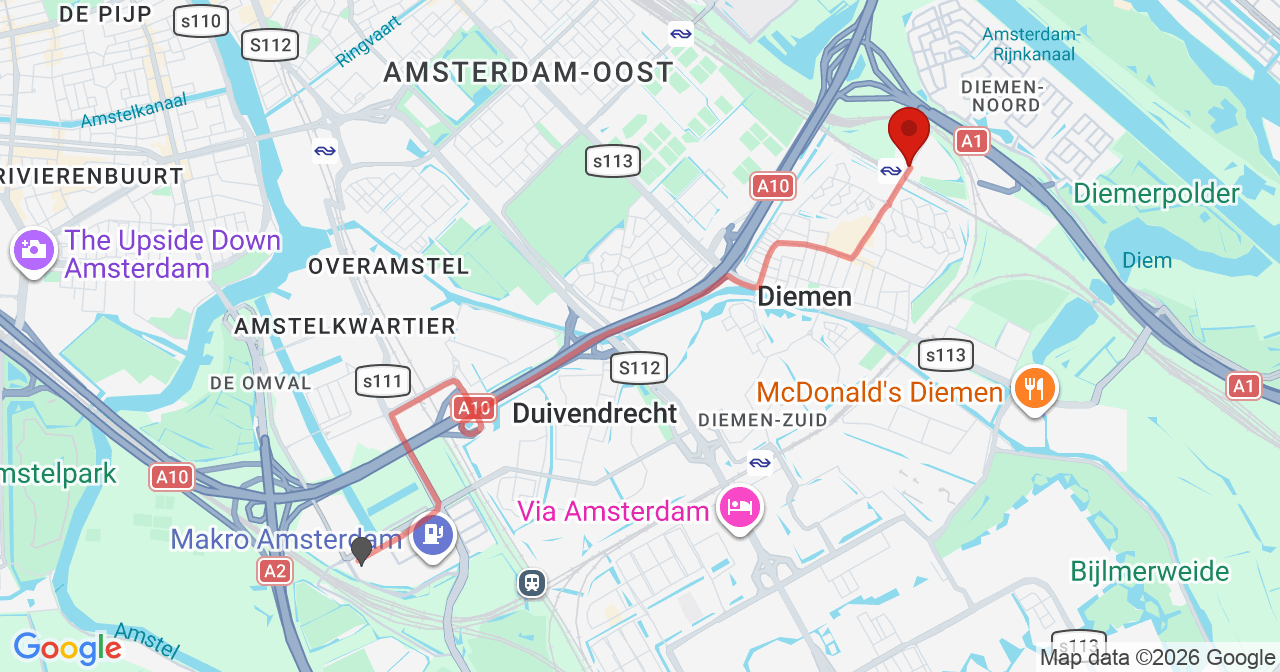 Kaart van het incident in Diemen met de aanrijroutes van de gealarmeerde eenheden