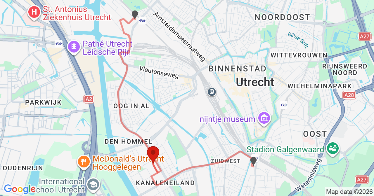 Kaart van het incident in Utrecht met de aanrijroutes van de gealarmeerde eenheden