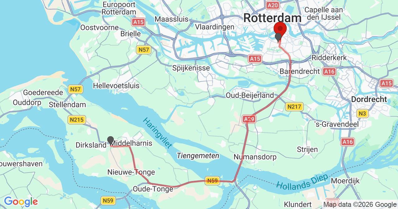 Kaart van het incident in Rotterdam met de aanrijroutes van de gealarmeerde eenheden