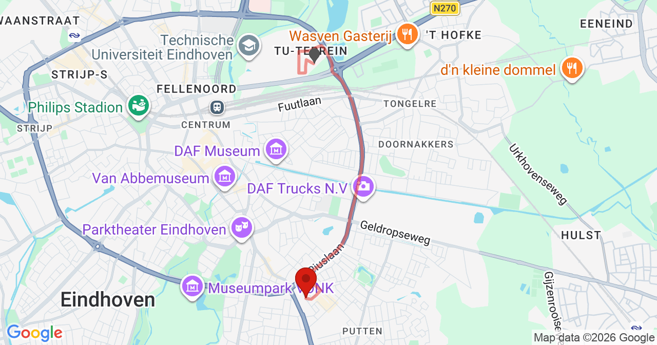 Kaart van het incident in Eindhoven met de aanrijroutes van de gealarmeerde eenheden